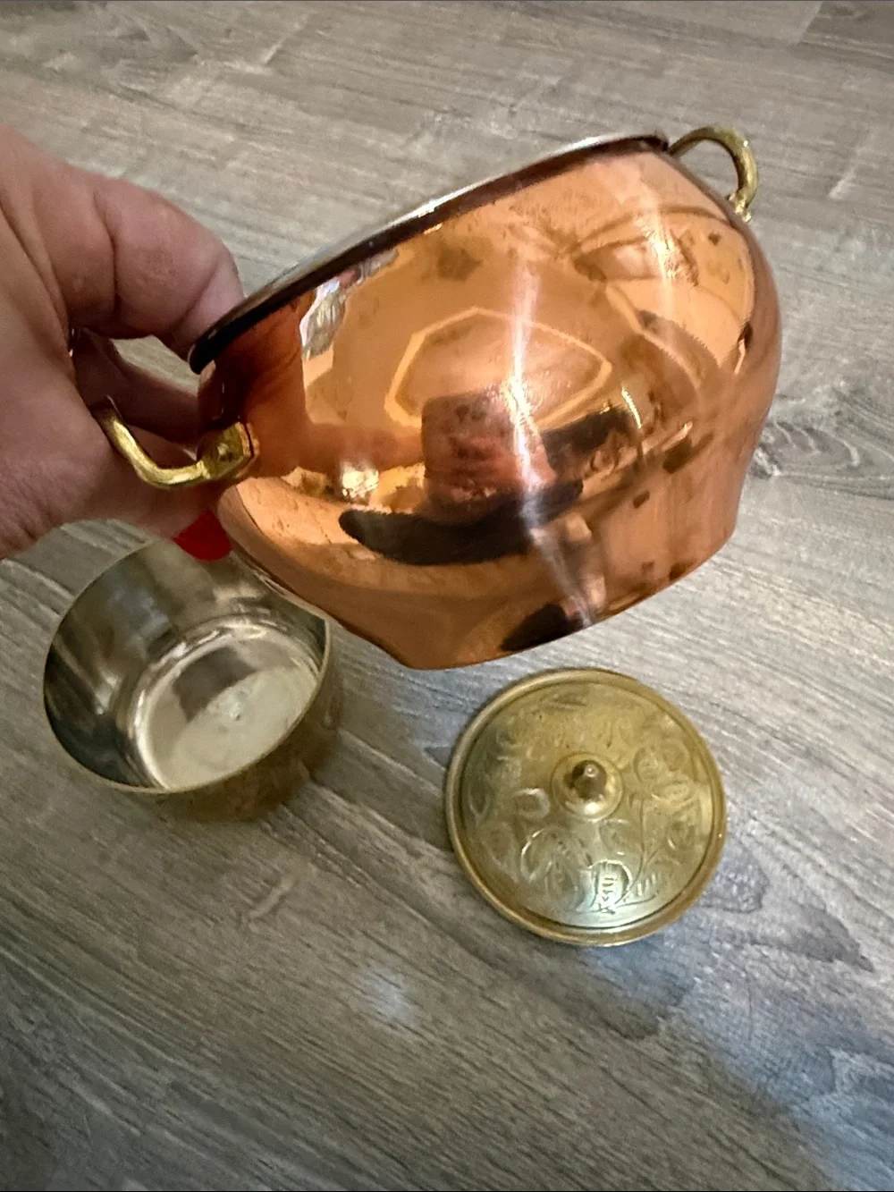 Sarna Etched Brass Bowl and Copper and Brass Handi Handled Pot  3 pieces Lot